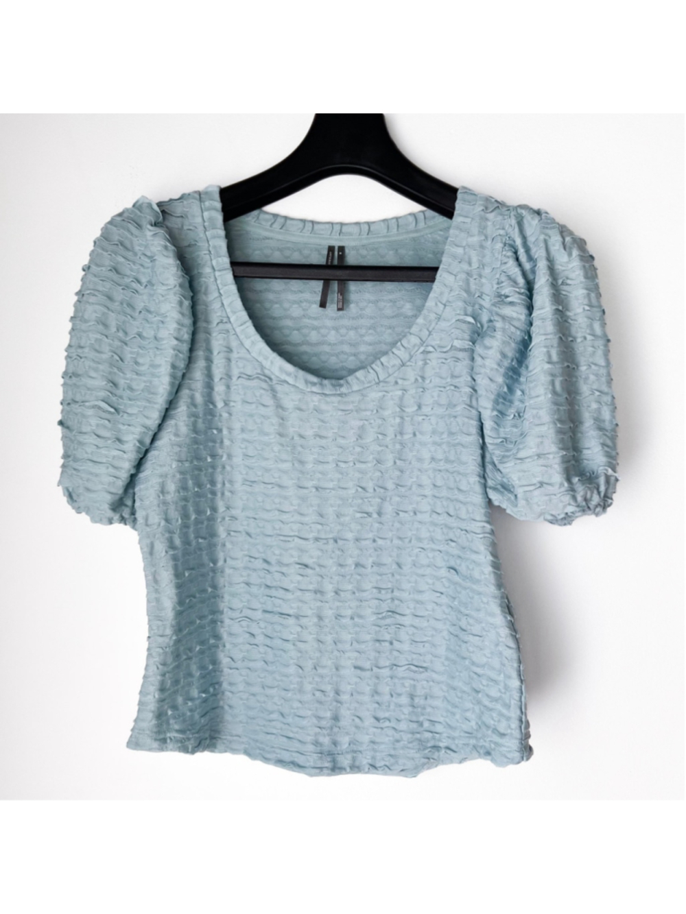 Anthropologie Light Blue Puff-Sleeve Scoop Neck Blouse Ruffle M Spring Coquette